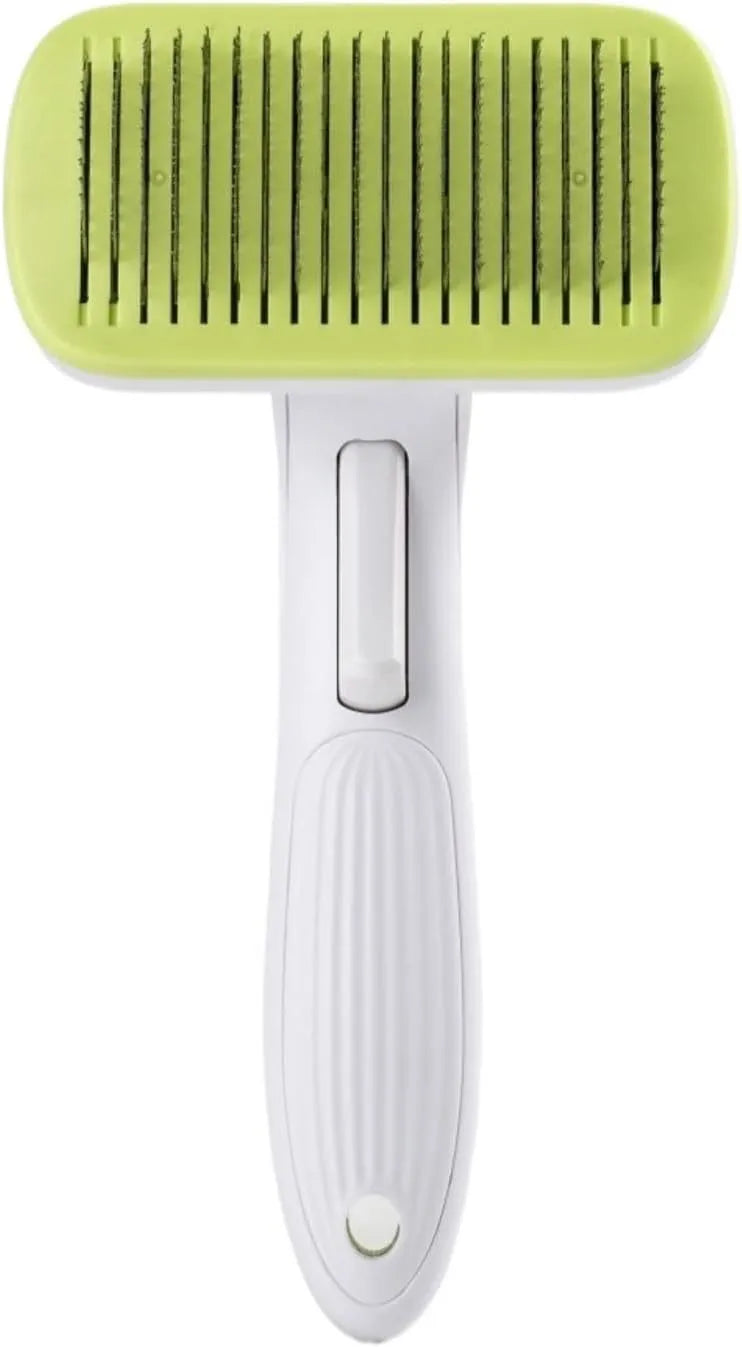 Blue automatic pet hair removal comb on a table, showing its size and one-click button.