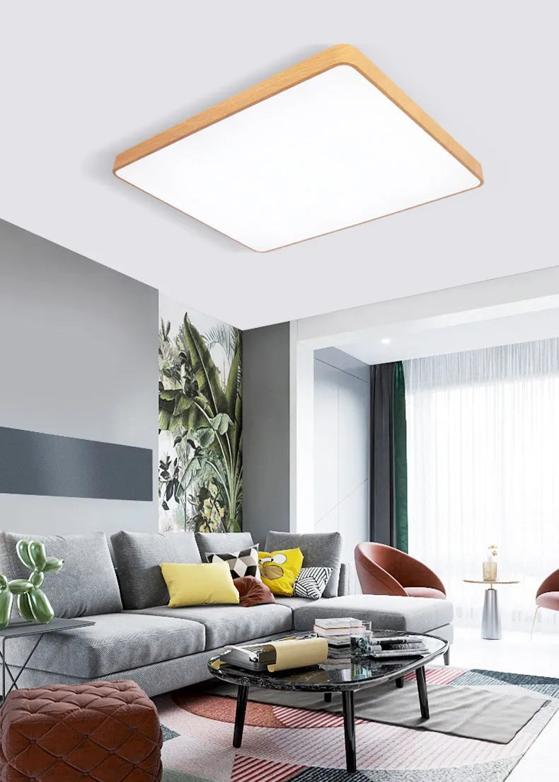 Nordic wood grain finish LED bedroom light with square iron art frame in modern simplicity design
