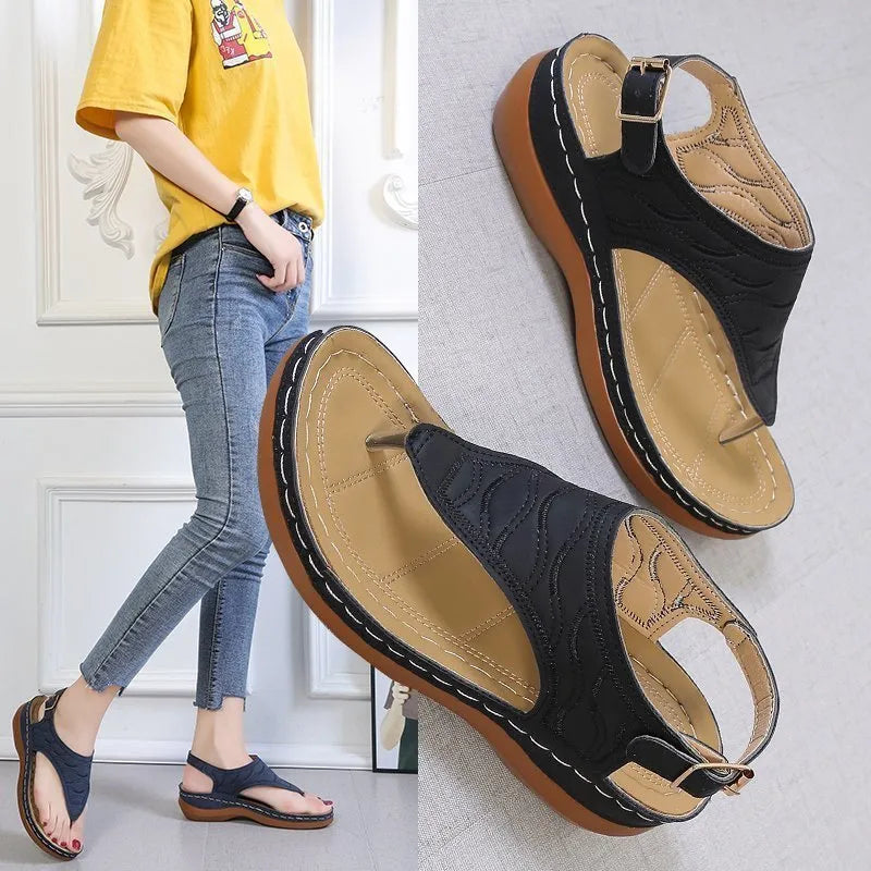 Women's wedge heel flip flop sandals with adjustable buckle strap in solid colours