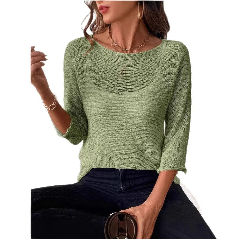 Women's thin knitted off-shoulder pullover overall in beige with 3/4 sleeves and a 3D pattern.