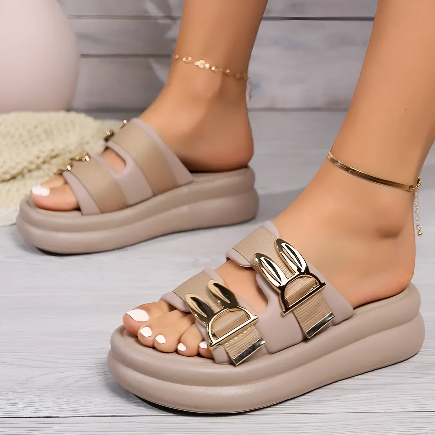 Women's suede slippers with thick rubber soles in apricot, black and off-white colours