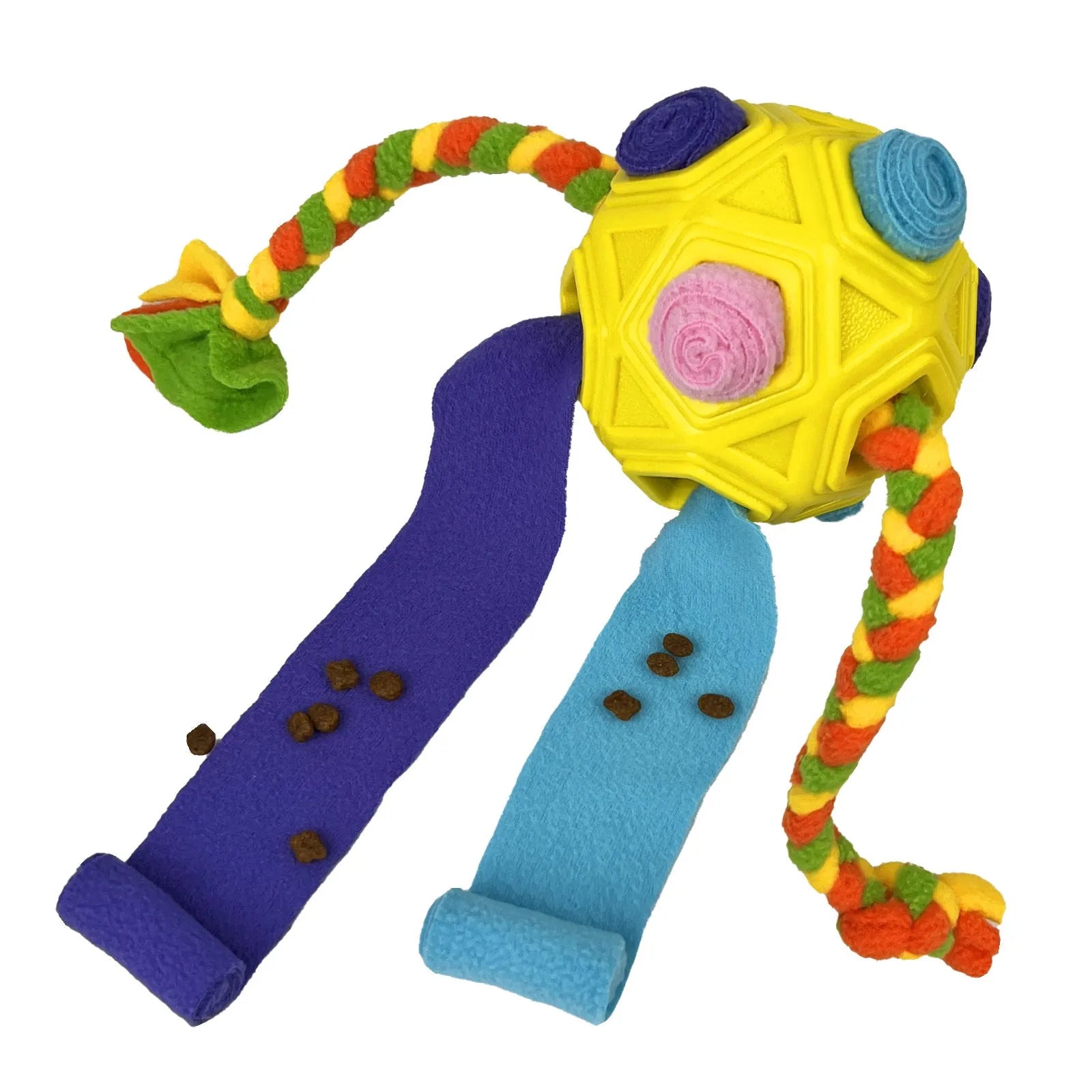 Dog puzzle ball toy with multiple openings for treat hiding, available in eight colours