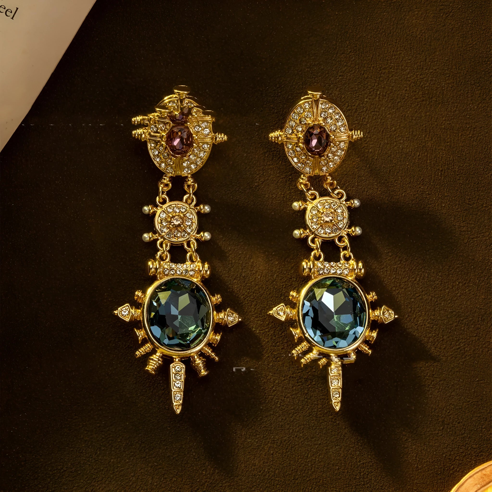 Gold geometric retro stud earrings with diamond treatment and drop design