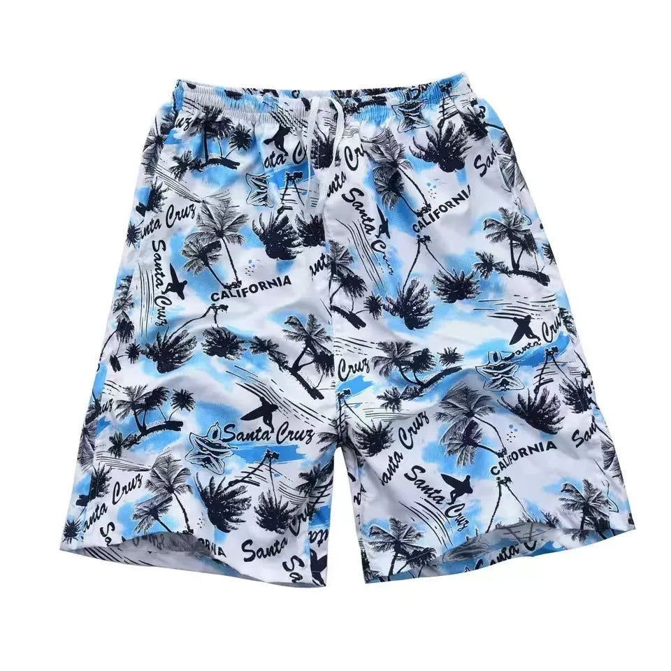 Men's floral print swimming trunks in polyester fabric with five-point cut
