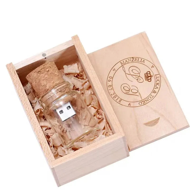 Wooden wish drift bottle USB flash drive with transparent housing showing decorative interior
