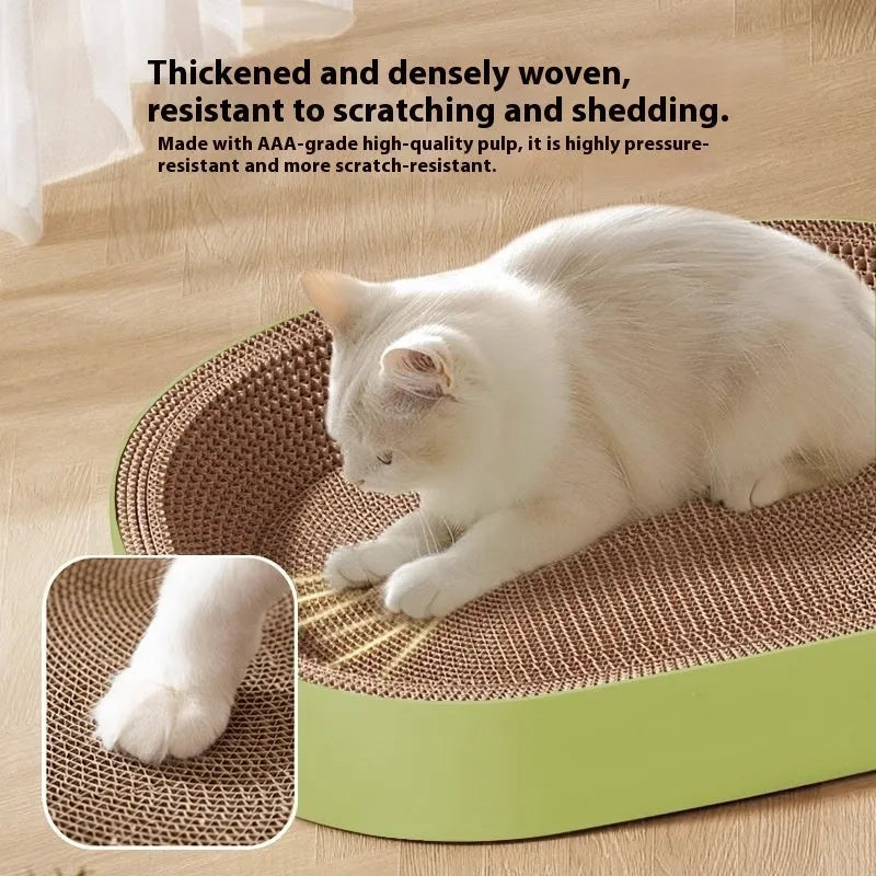 Green oval cat scratch nest measuring 55cm diameter made from corrugated paper