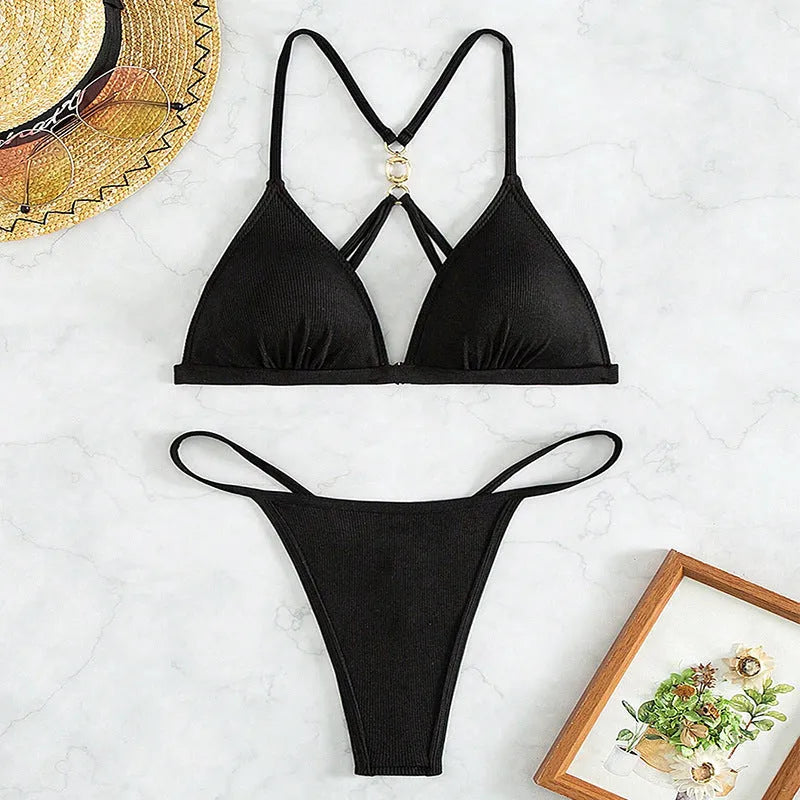 Black women's hollow backless bikini set with triangle top and T pants