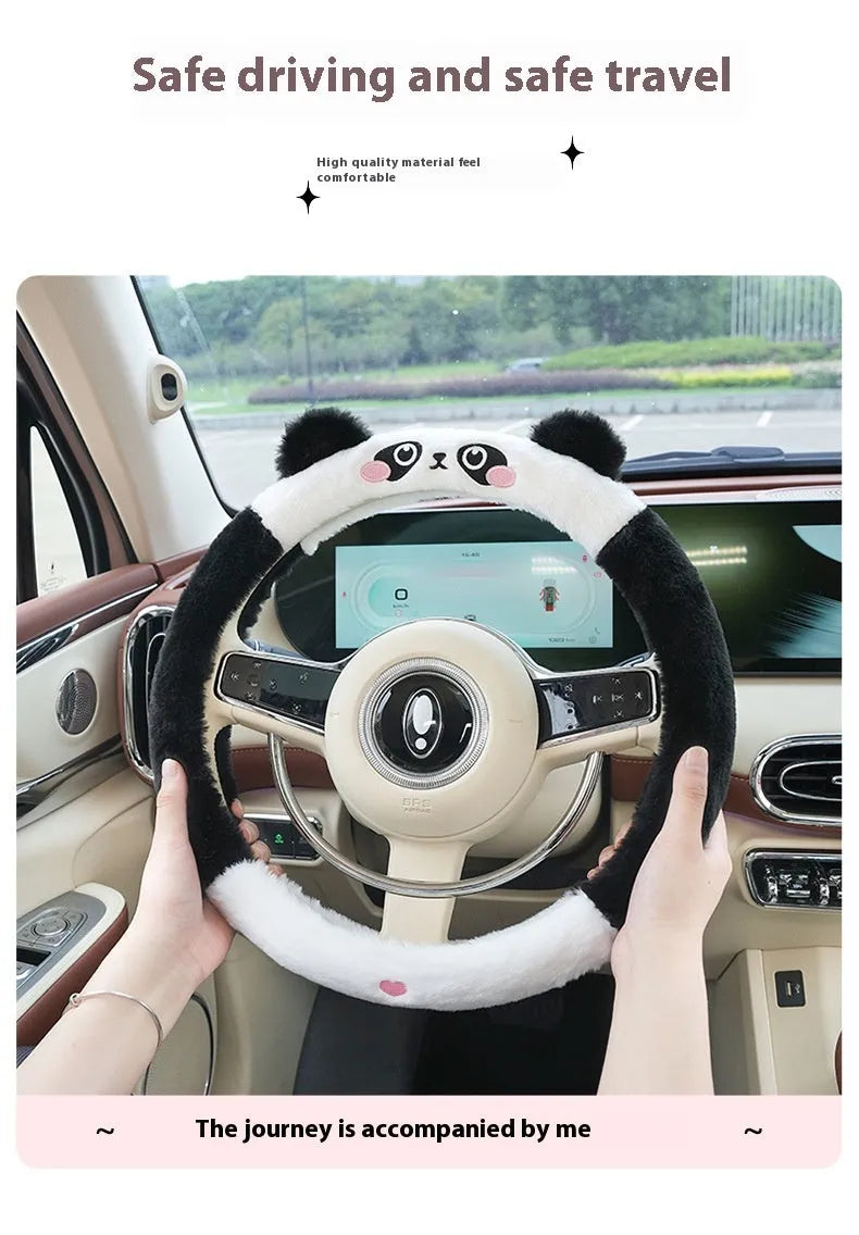 Plush thermal car steering wheel cover with rabbit fur embroidered animal design, 38cm diameter