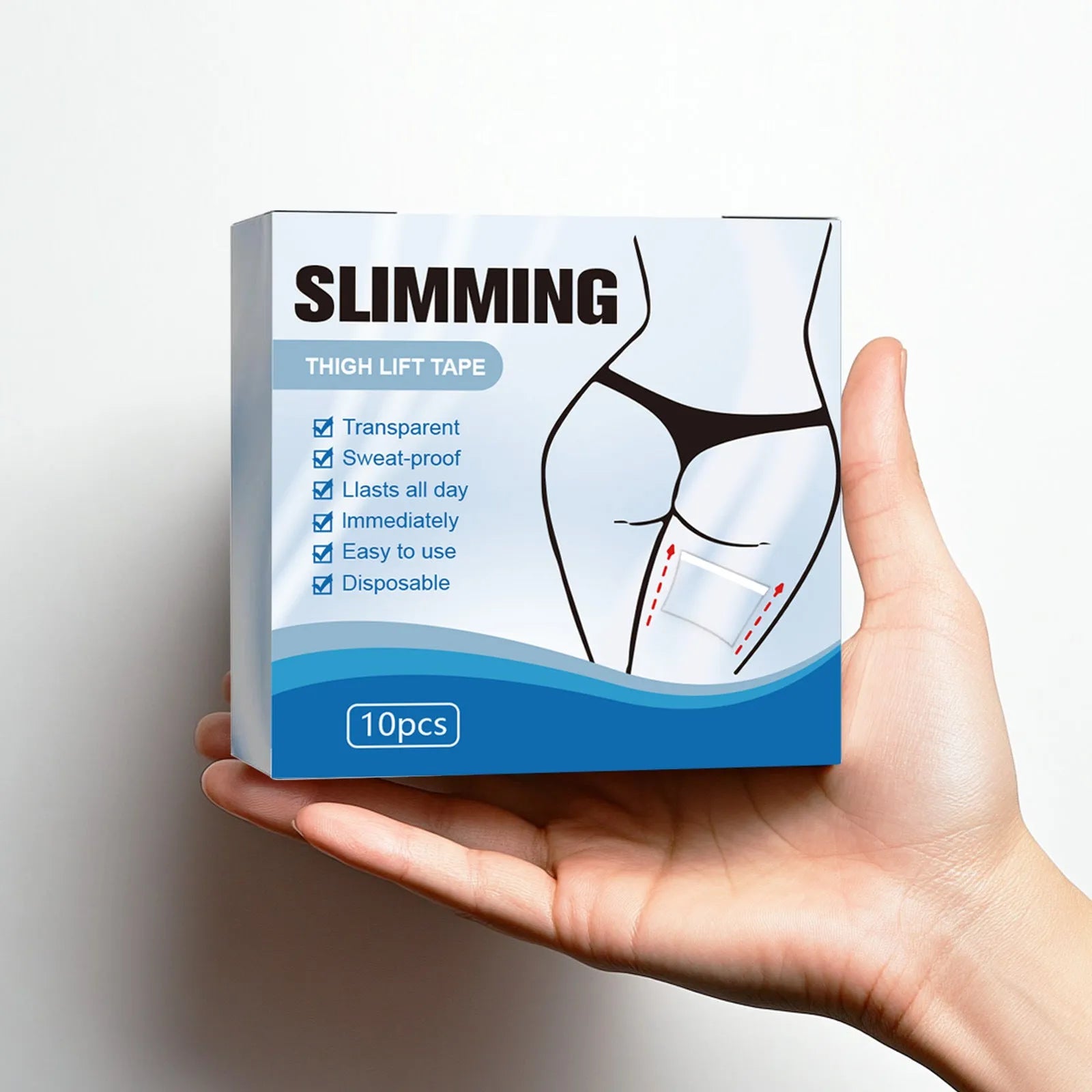 Box of 10 white body shaping adhesive patches on skin, each measuring 12 by 12 centimetres.