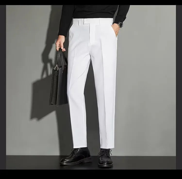 Men's straight leg suit trousers in chemical fibre blend with spring draping effect, shown in apricot colour