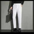 Men's straight leg suit trousers in chemical fibre blend with spring draping effect, shown in apricot colour