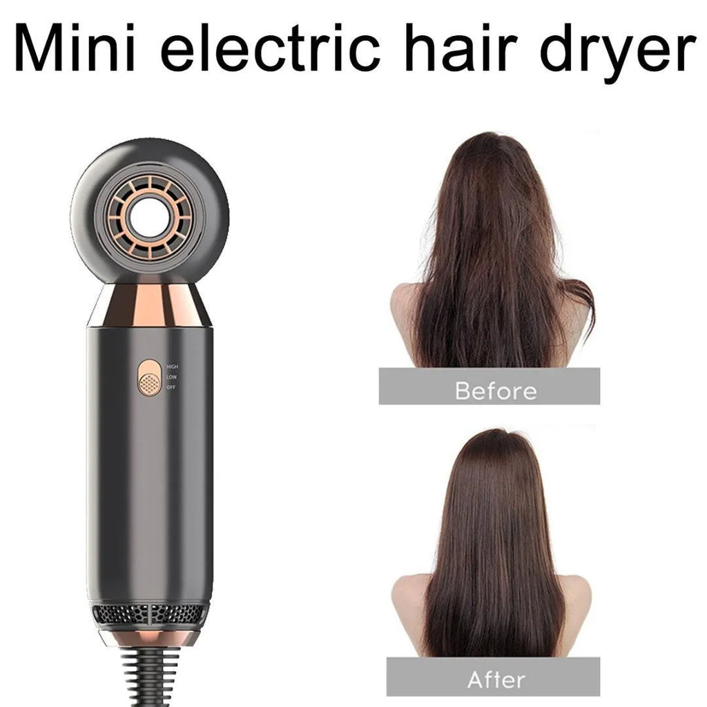 Compact white leafless hair dryer with diffuser attachment, shown with power plug.