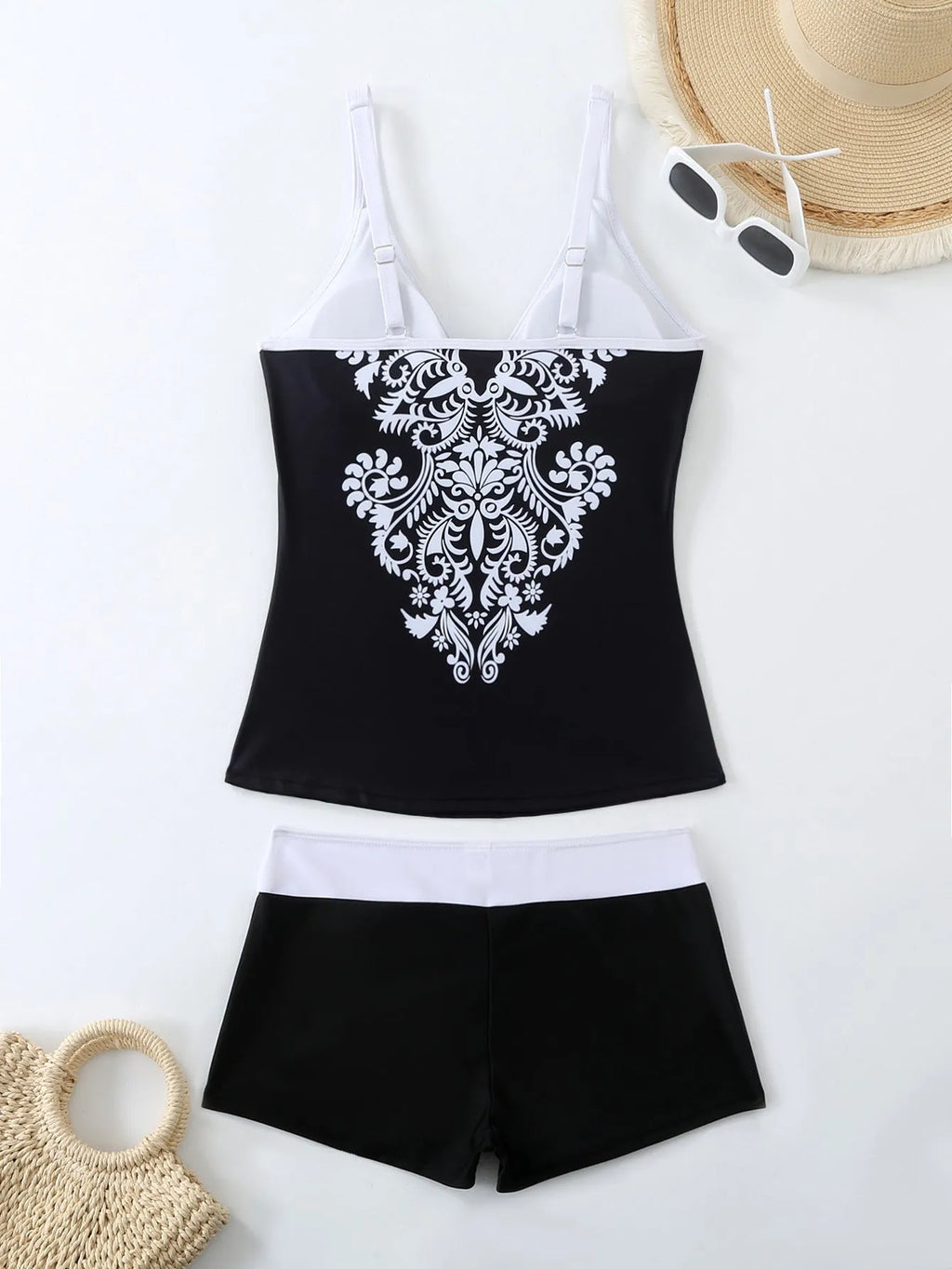 Plus size women's two-piece swimsuit set in black or rose red, showing top and briefs-style bottoms.