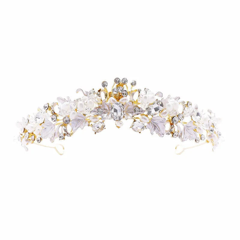 Women's alloy crown headdress with pearl decorations in gold or silver electroplated finish