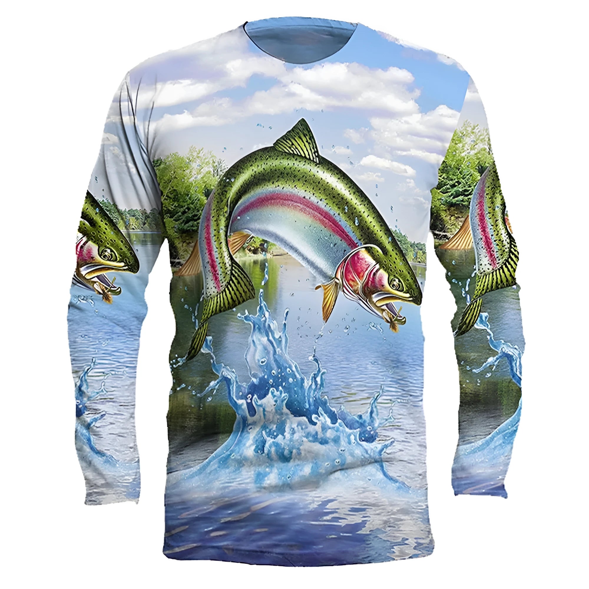 Man wearing a long-sleeved milk silk pullover with a blue and white fish print design.