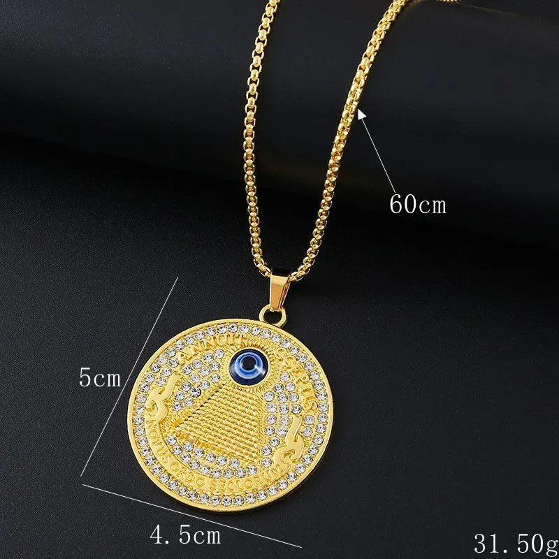 Gold-coloured geometric pendant necklace with inlaid zircon stones for women