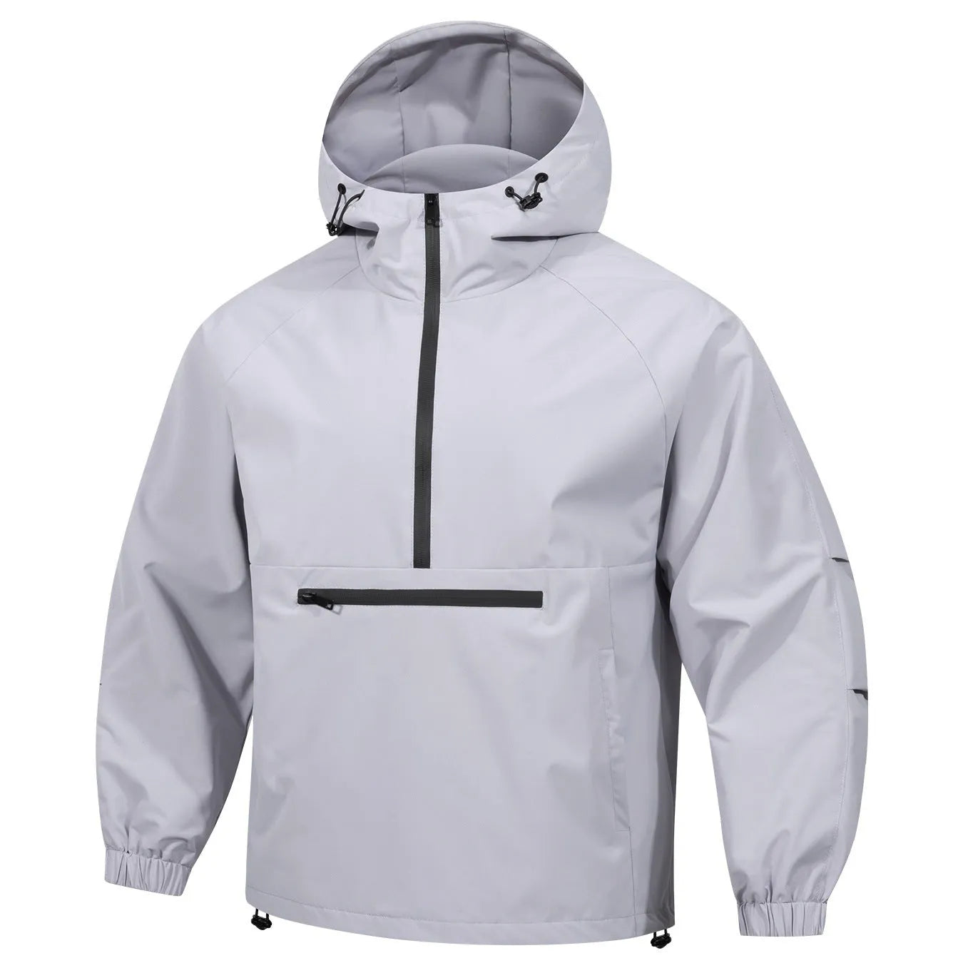 Man wearing a light gray loose fit corduroy hooded jacket with a half-zip and rabbit fur lining.