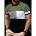 Man wearing a loose fit short-sleeved t-shirt with a digital 3D printed striped pattern.