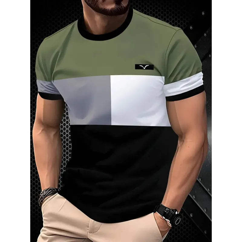 Man wearing a loose fit short-sleeved t-shirt with a digital 3D printed striped pattern.