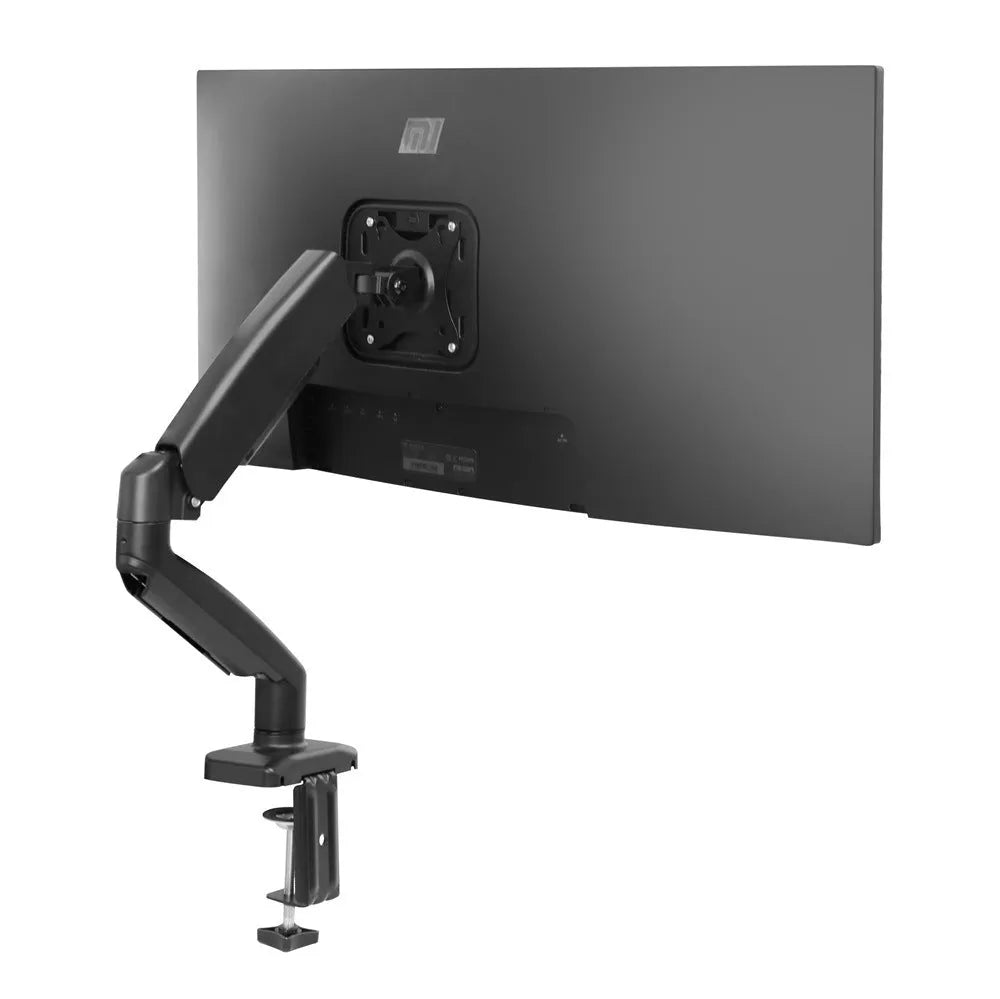 Black LCD screen rotating telescopic bracket elevated on a desk next to a monitor