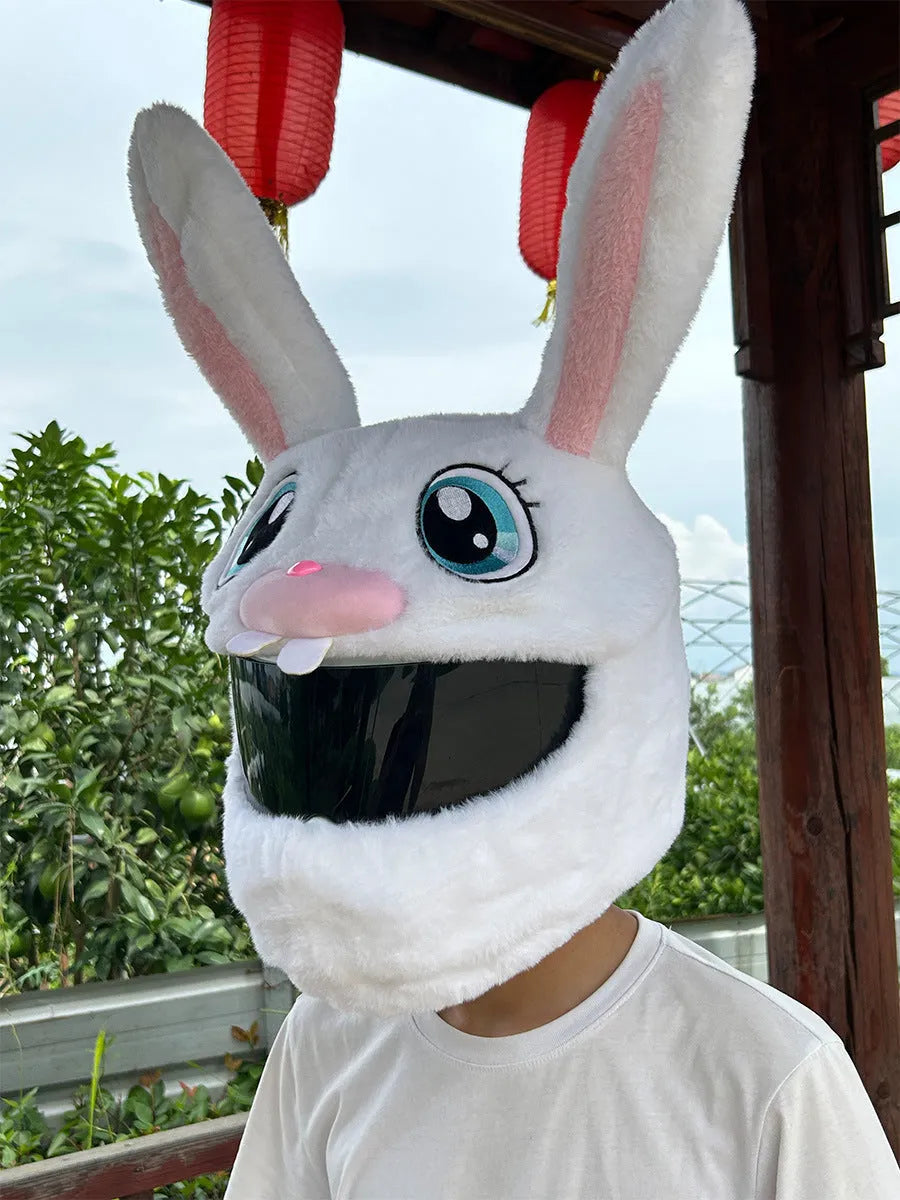 White rabbit head plush cover for motorcycle helmet with long ears.
