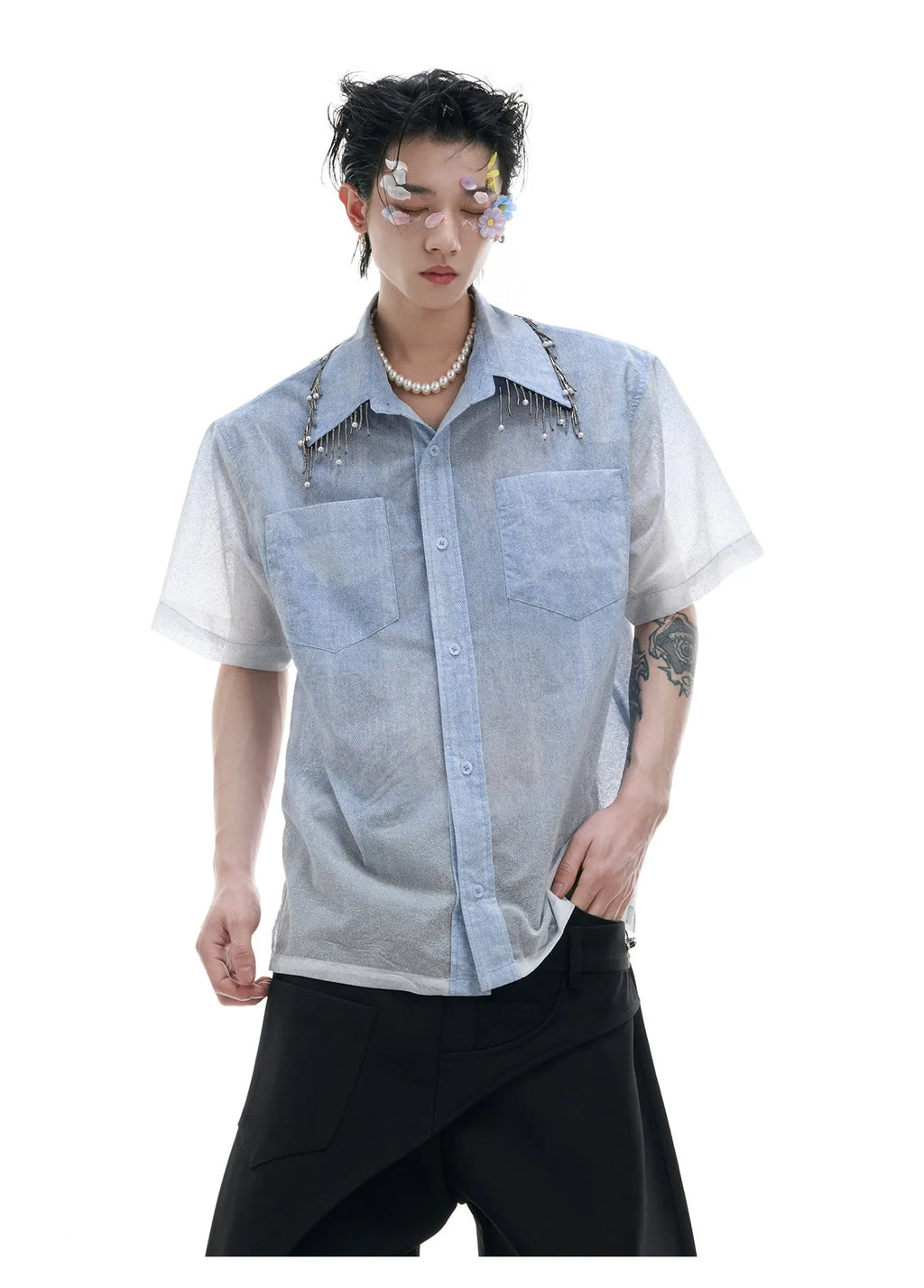 Men's blue and white gradient quilted loose fit short sleeve shirt