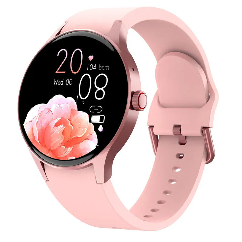 Round smartwatch with colour touchscreen display showing fitness data on wrist