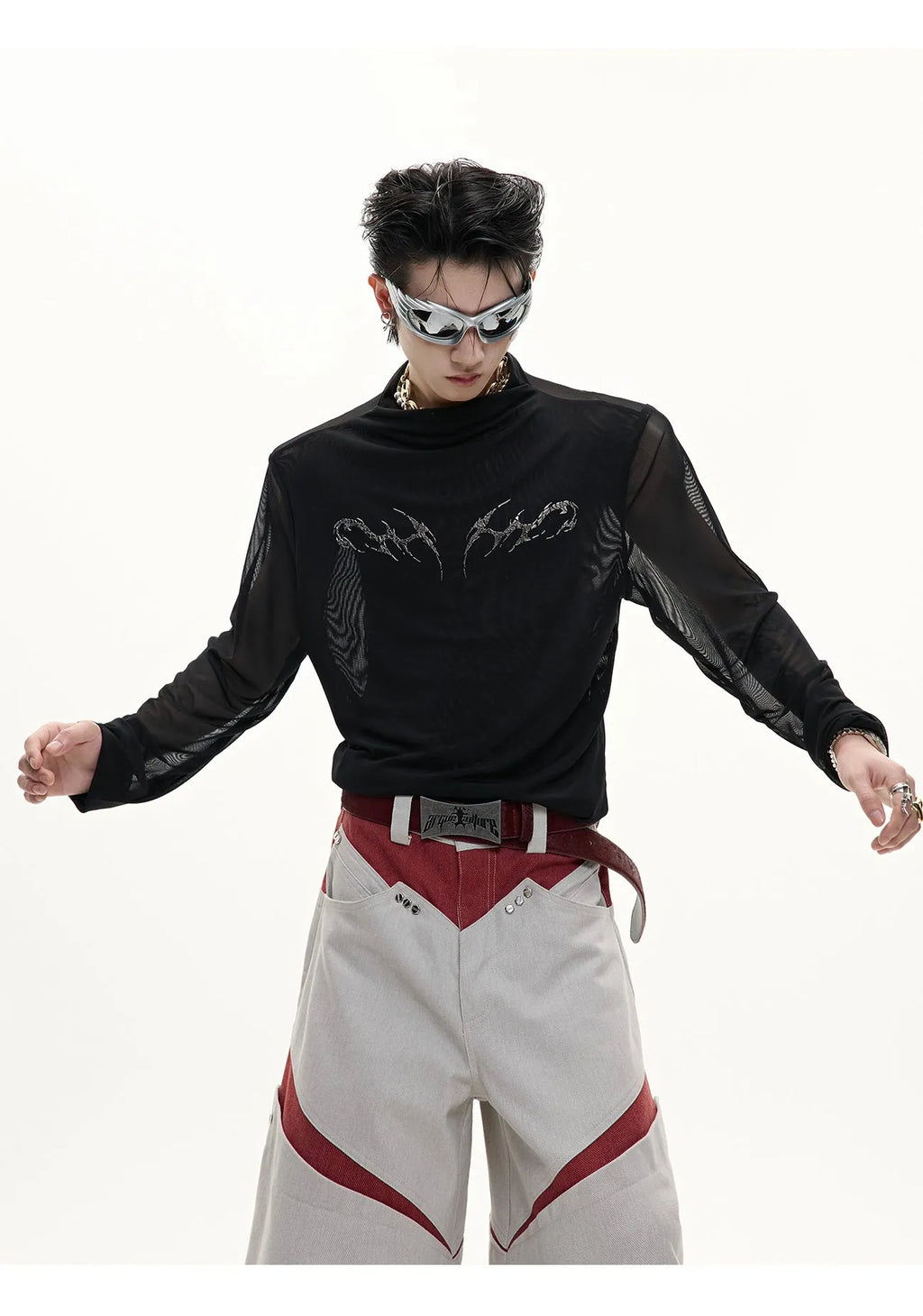 Men's black slim fit long sleeve top made from niche mesh ice-feel fabric.