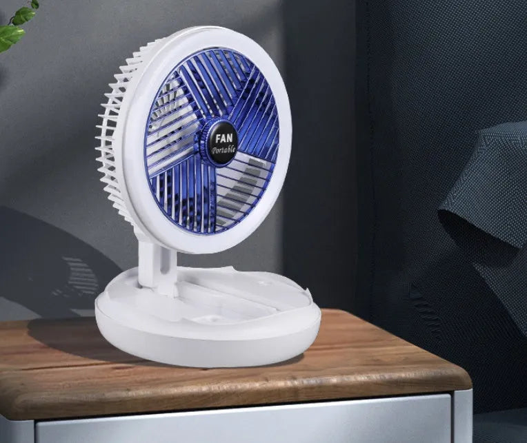 Blue or grey USB charging foldable table fan with LED light in desk, wall, ceiling or hanging configuration