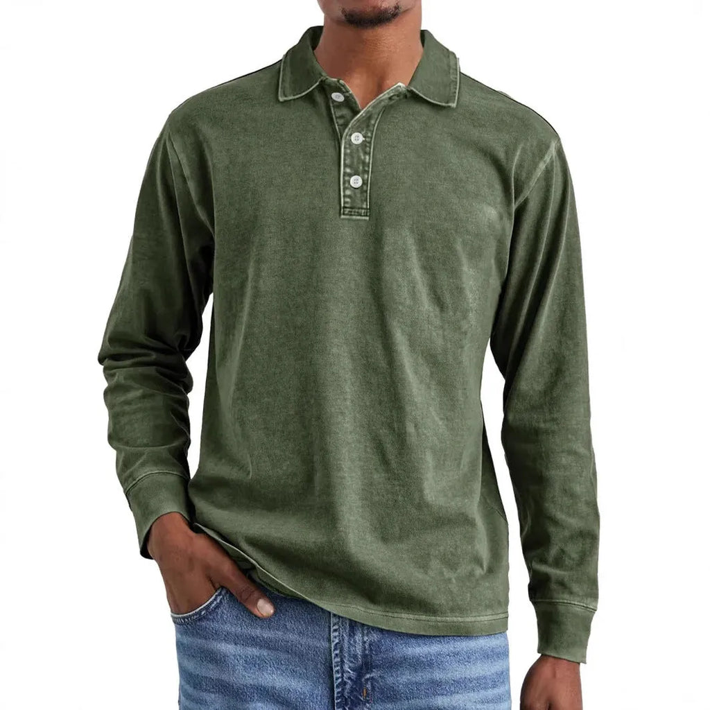 Retro washed distressed pure cotton long sleeve polo shirt with lapel collar, shown in Army Green.