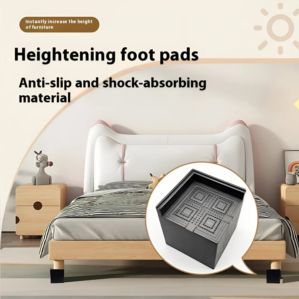 Four black plastic furniture foot mats for height adjustment of bed and sofa legs