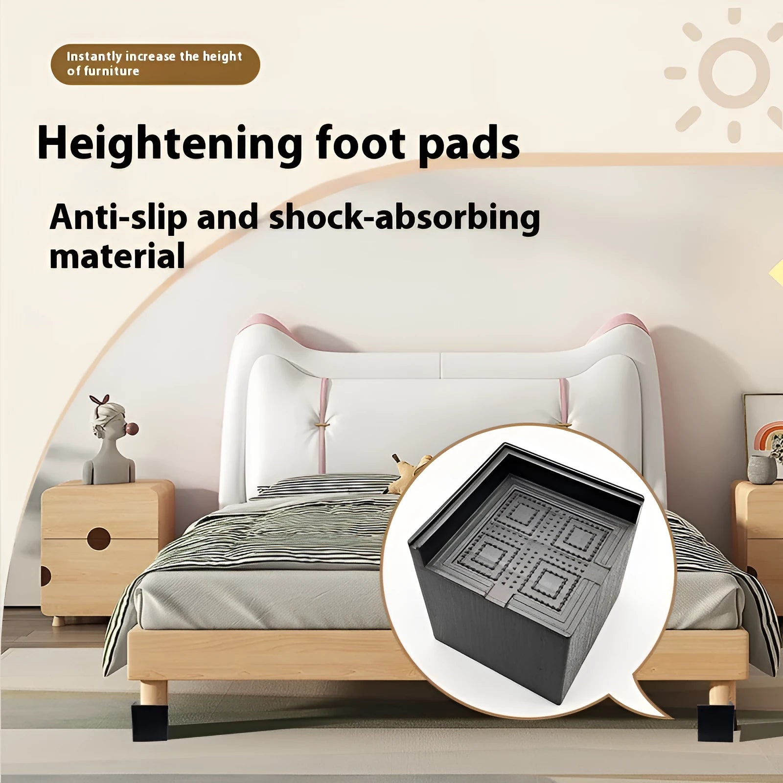 Four black plastic furniture foot mats for height adjustment of bed and sofa legs