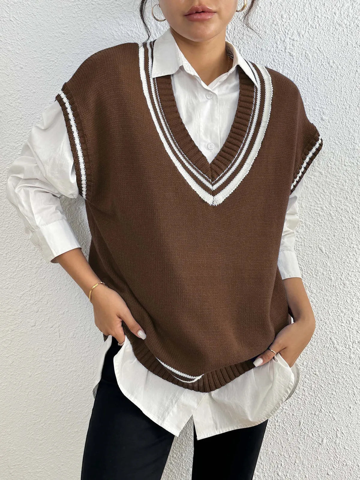Women's loose fit pullover vest sweater in blue, coffee, or black colours