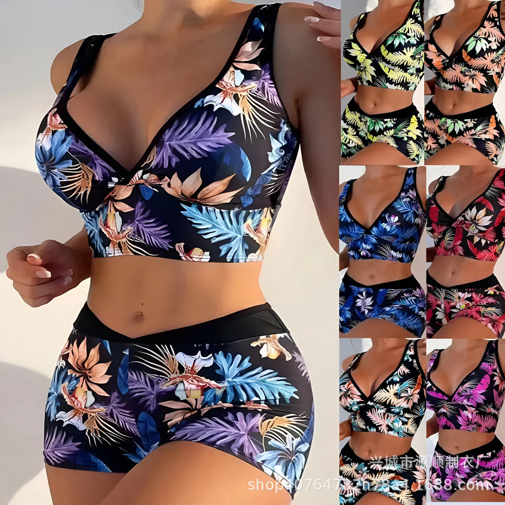 Women's two-piece printed boxer style bikini set in a multi-colour design on polyester fabric.