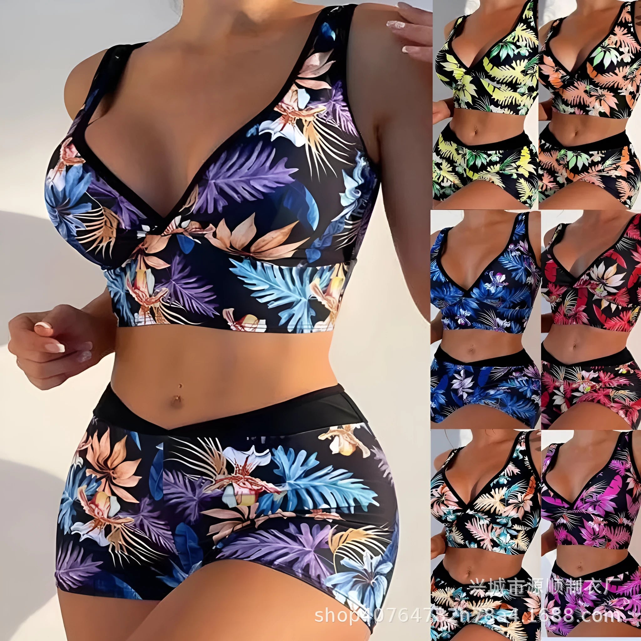 Women's two-piece printed boxer style bikini set in a multi-colour design on polyester fabric.