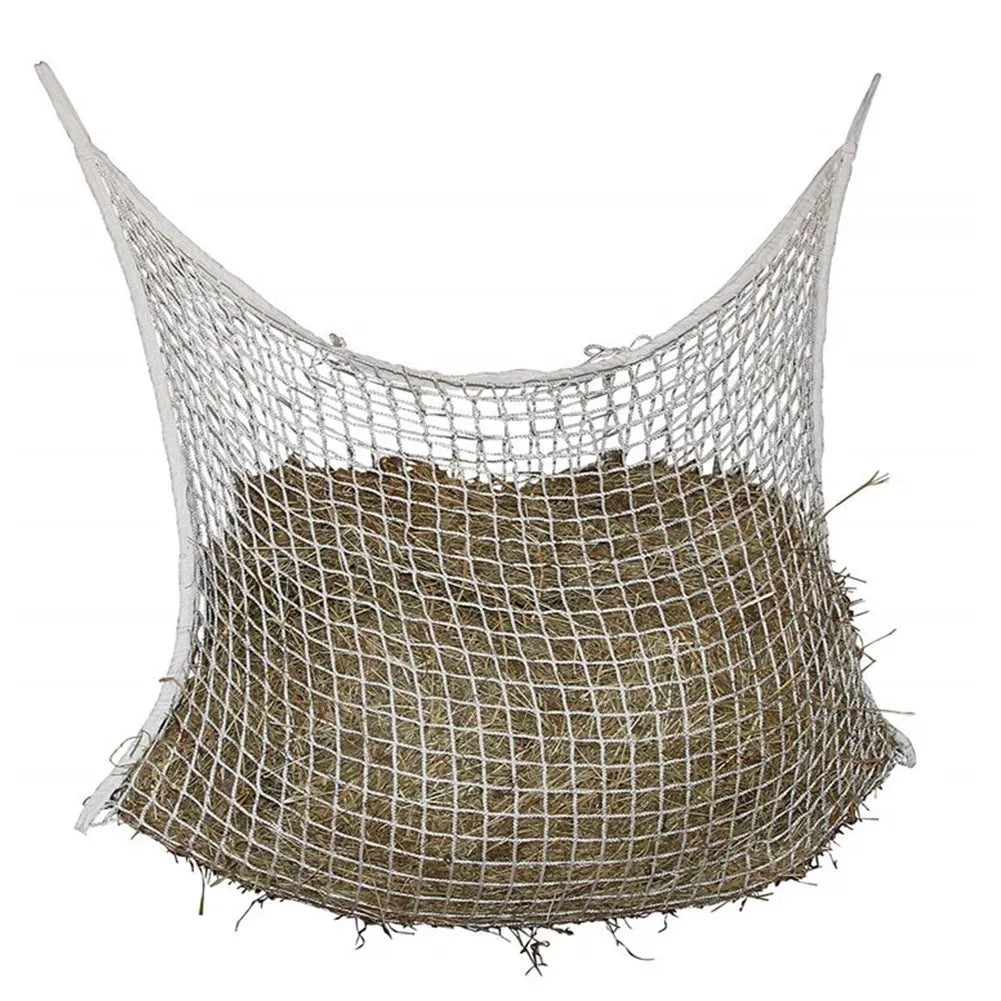 Woven PE rope feeding bag with grid design for horses and cattle in agricultural setting