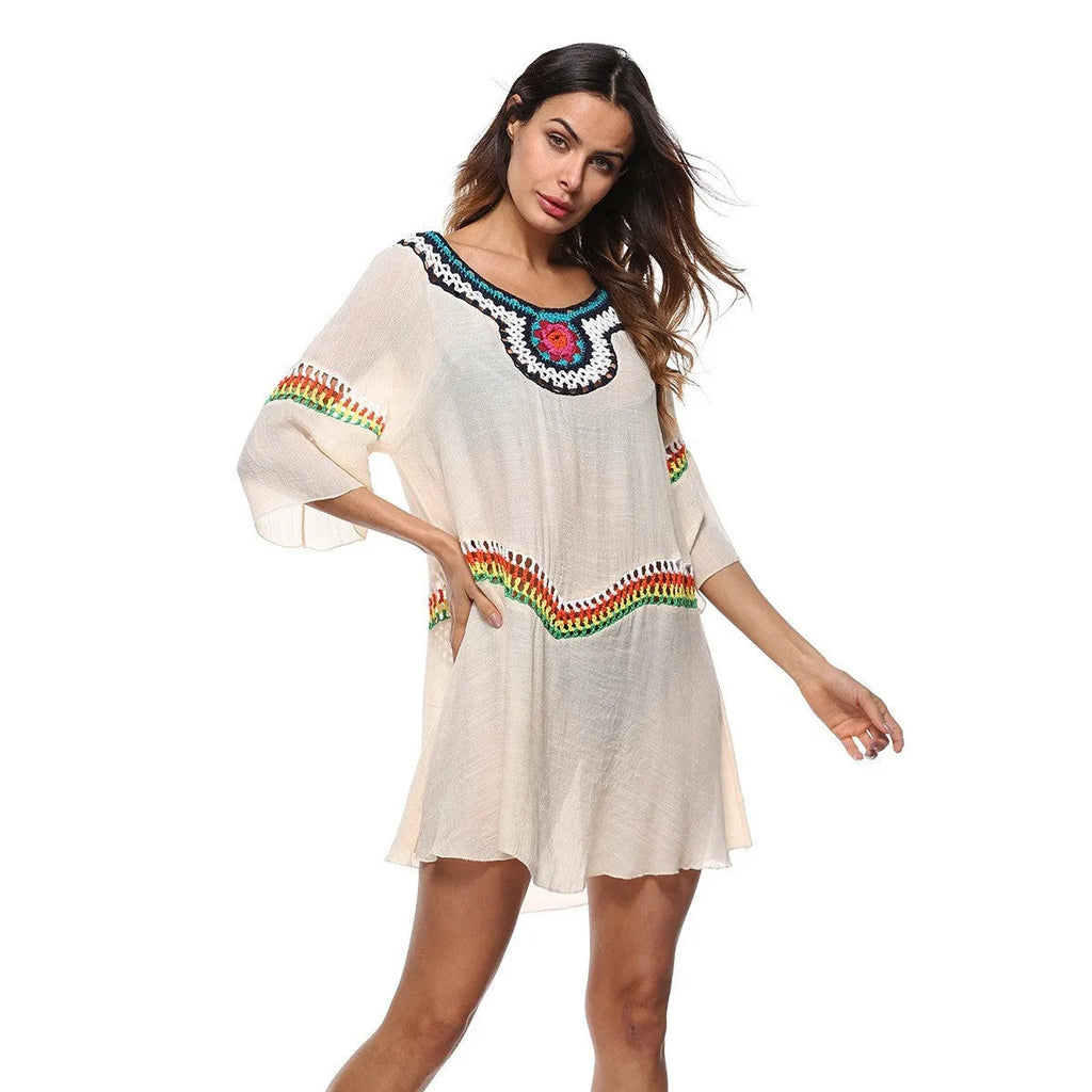 Crocheted ethnic style sun protection clothing beach cover-up in apricot colour