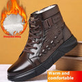Men's black genuine leather snow boots with fur integration and velvet detailing, lace-up front closure