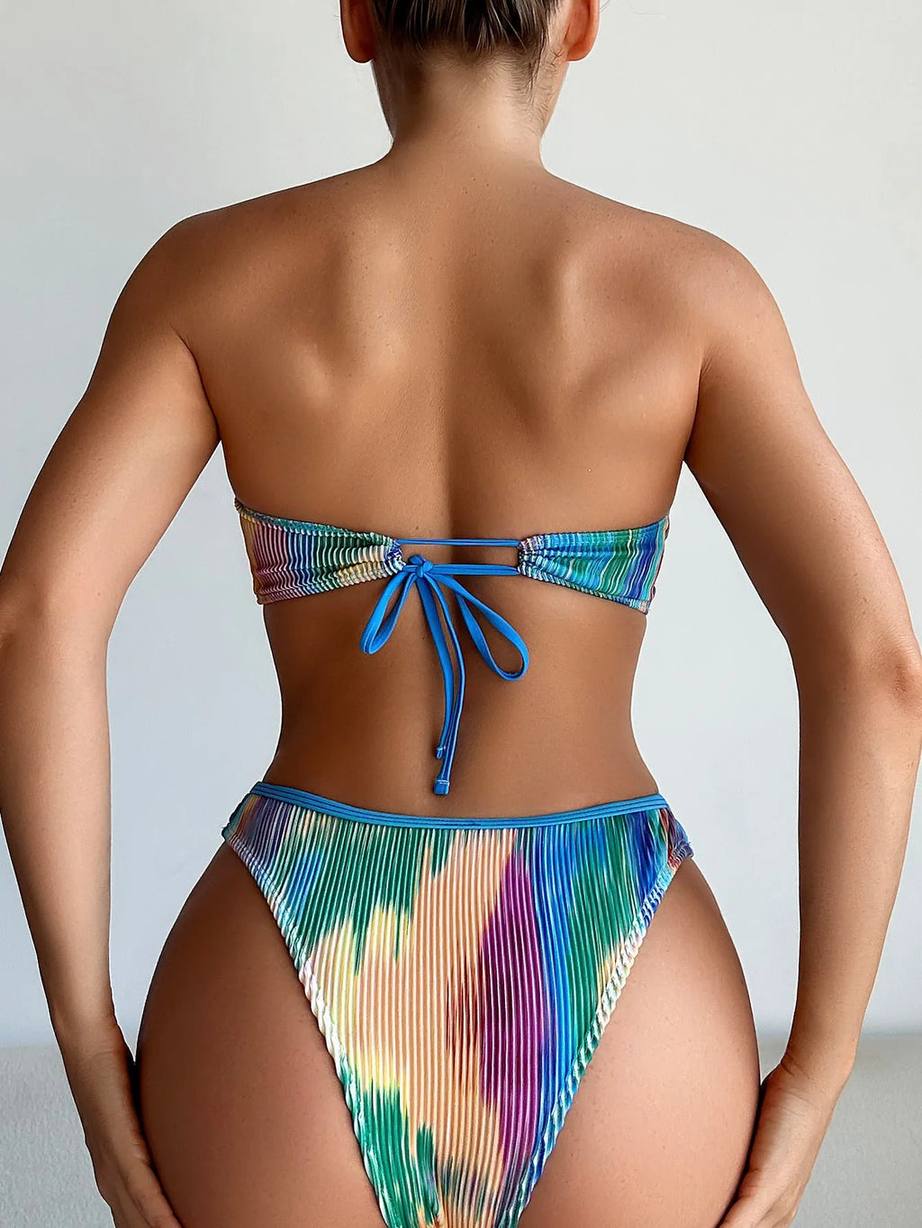 Colour printed tube top bikini swimsuit with matching briefs in polyester fabric