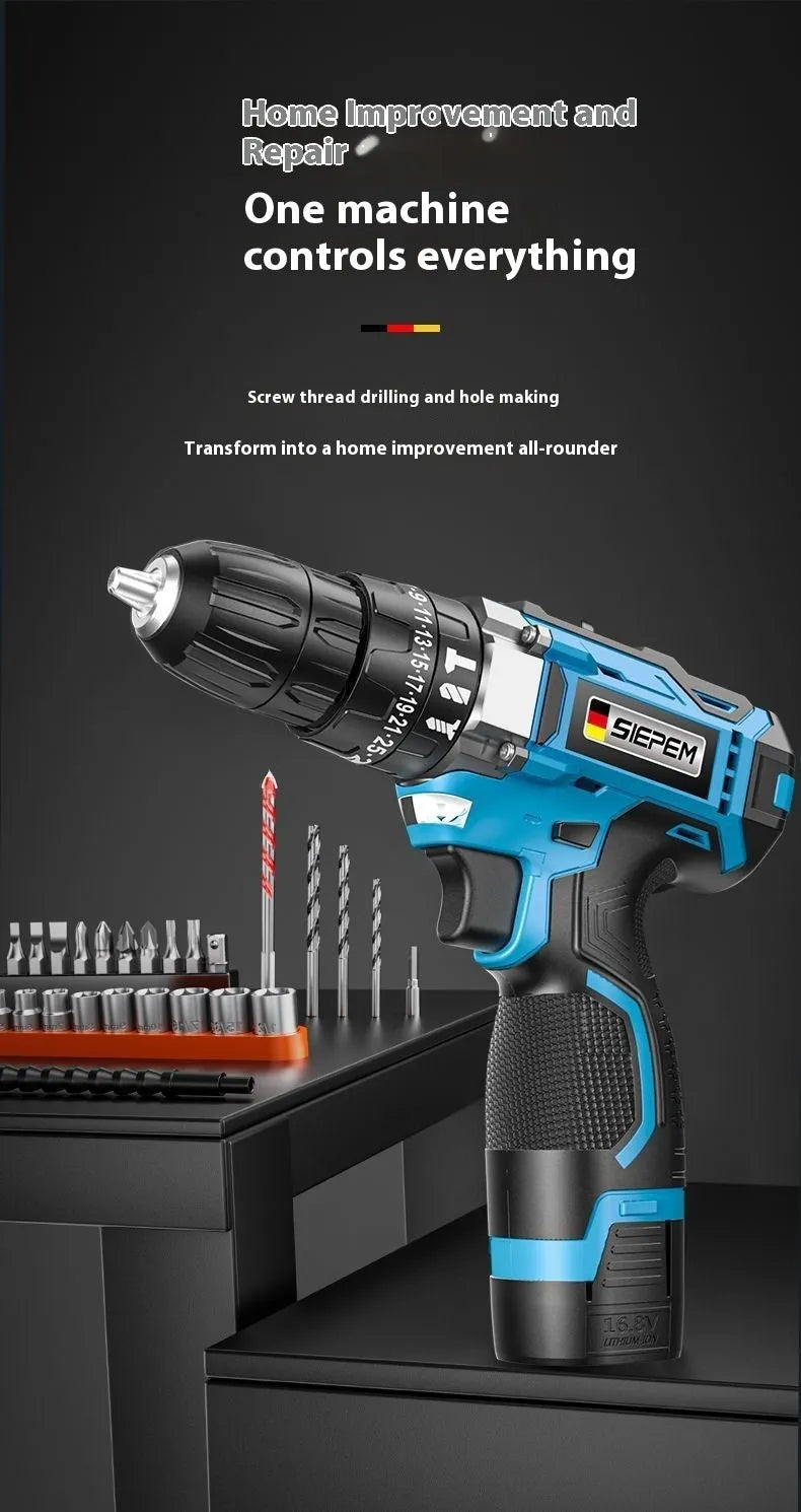 12V two-speed pistol grip impact drill and screwdriver set in a plastic storage case.