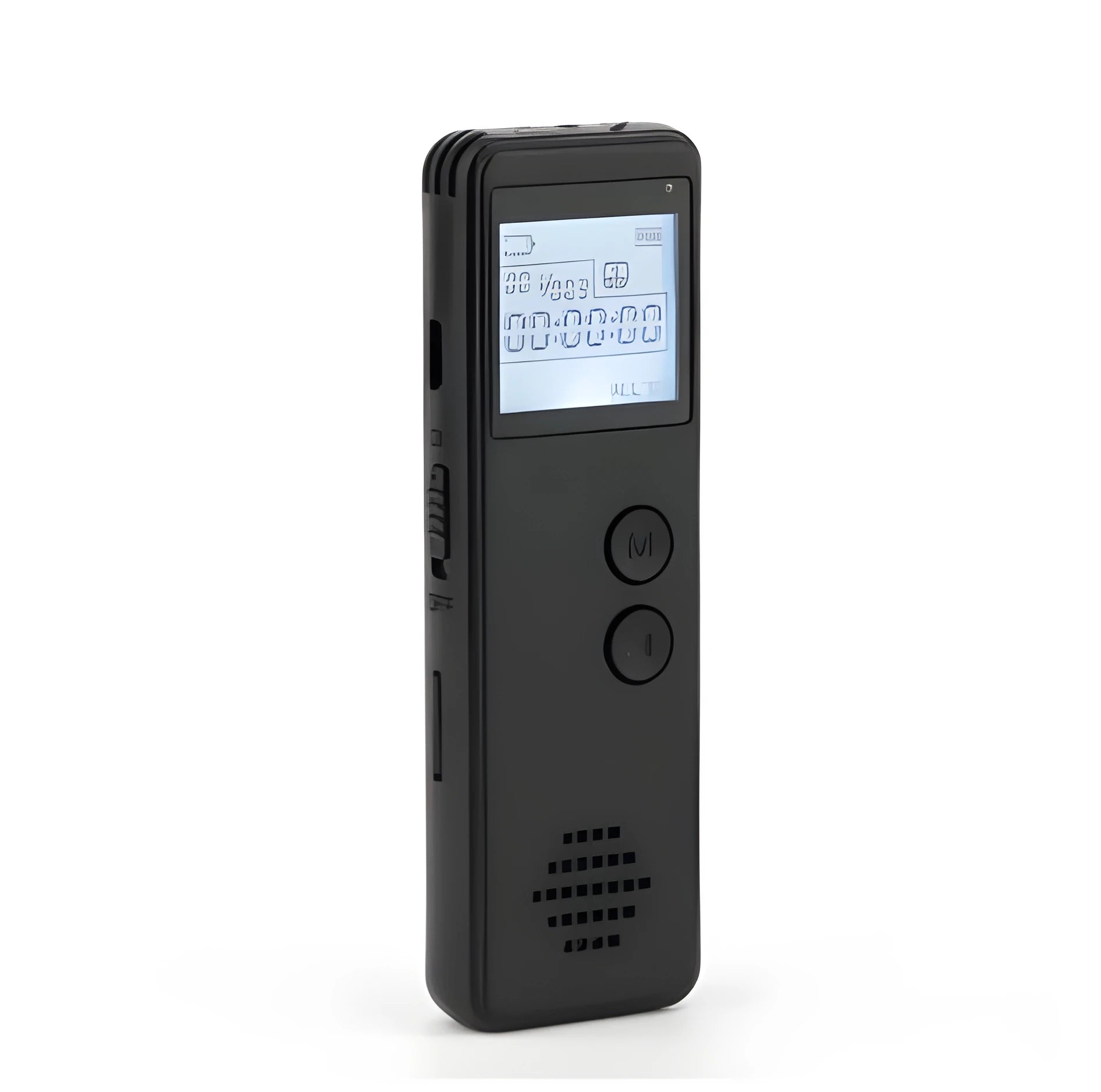 Black digital voice recorder with screen, measuring 88mm long, for MP3 recording with noise reduction.