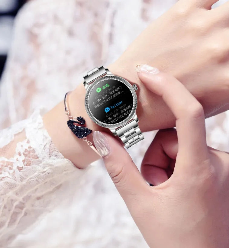 AK38 ladies smart watch with stainless steel band and 1.09-inch display