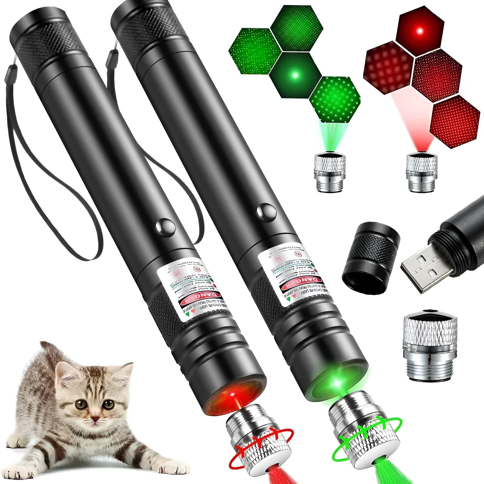 USB-charging black pet laser pointer with starry-sky rotating head, green and red light options