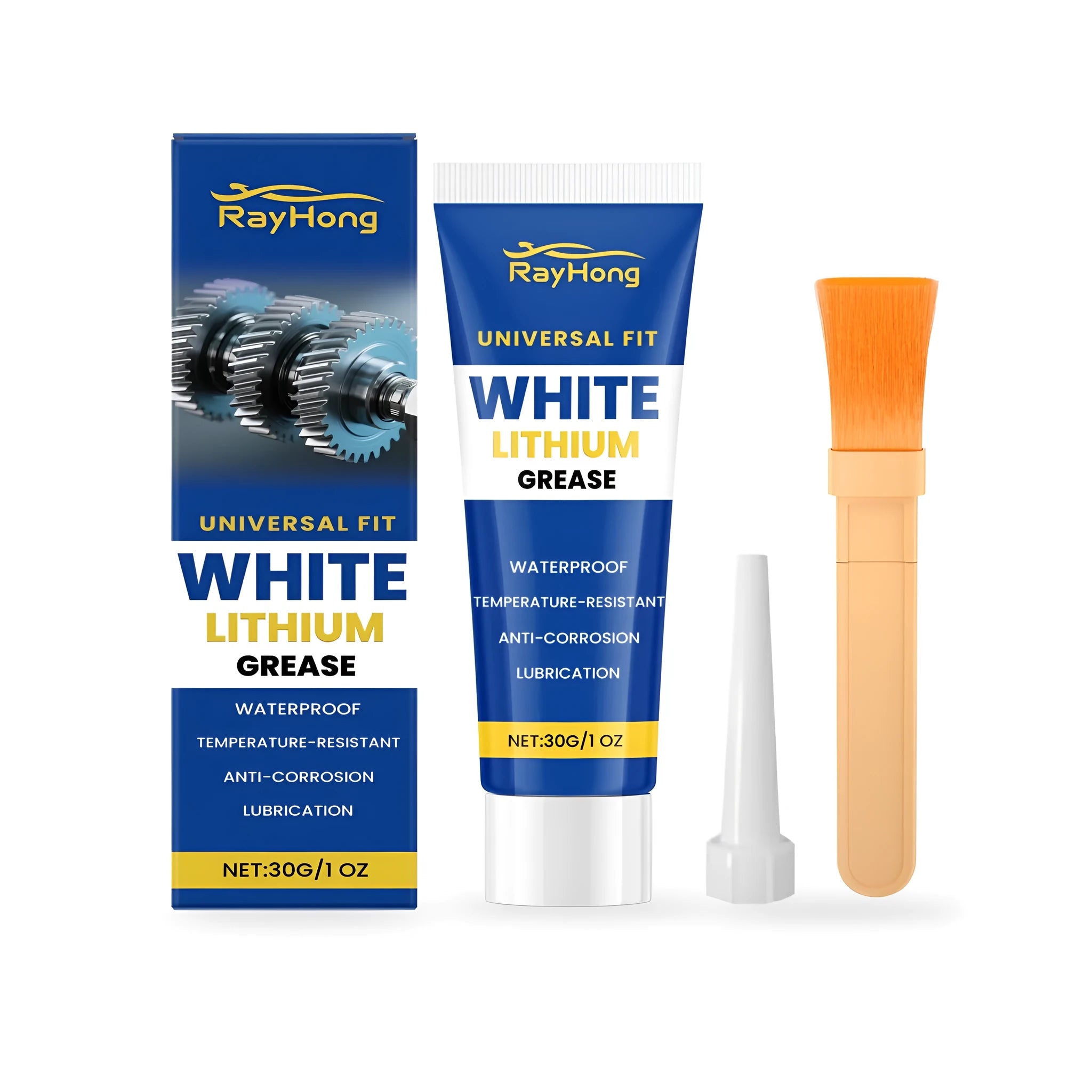 White lithium grease tube, applicator brush, and nozzle tip for automotive and metal part lubrication.