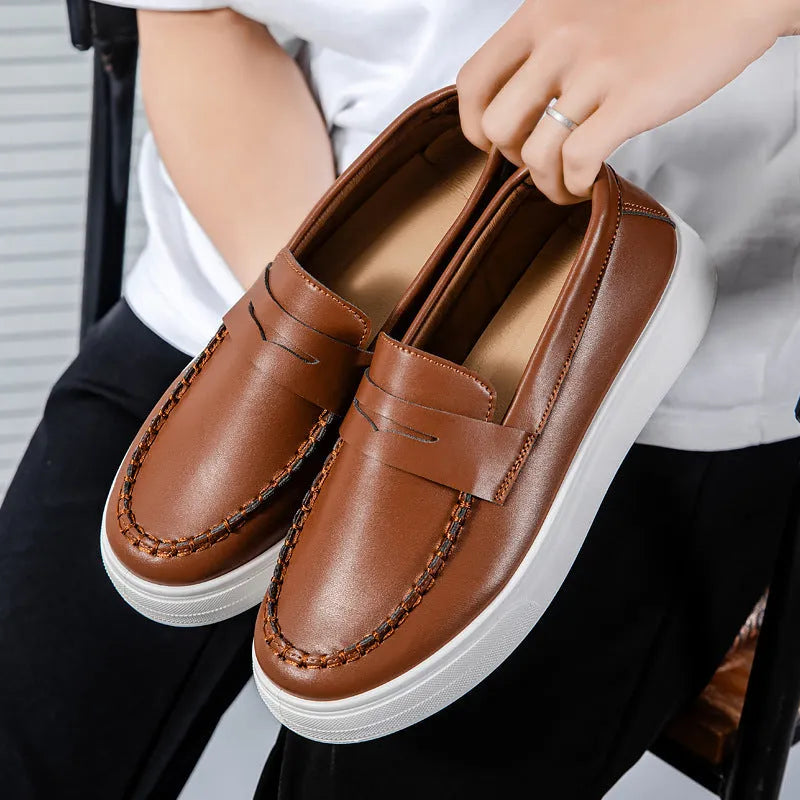 Men's round-toe casual slip-on shoes in artificial PU leather, shown in black & white, khaki, and white colour options.
