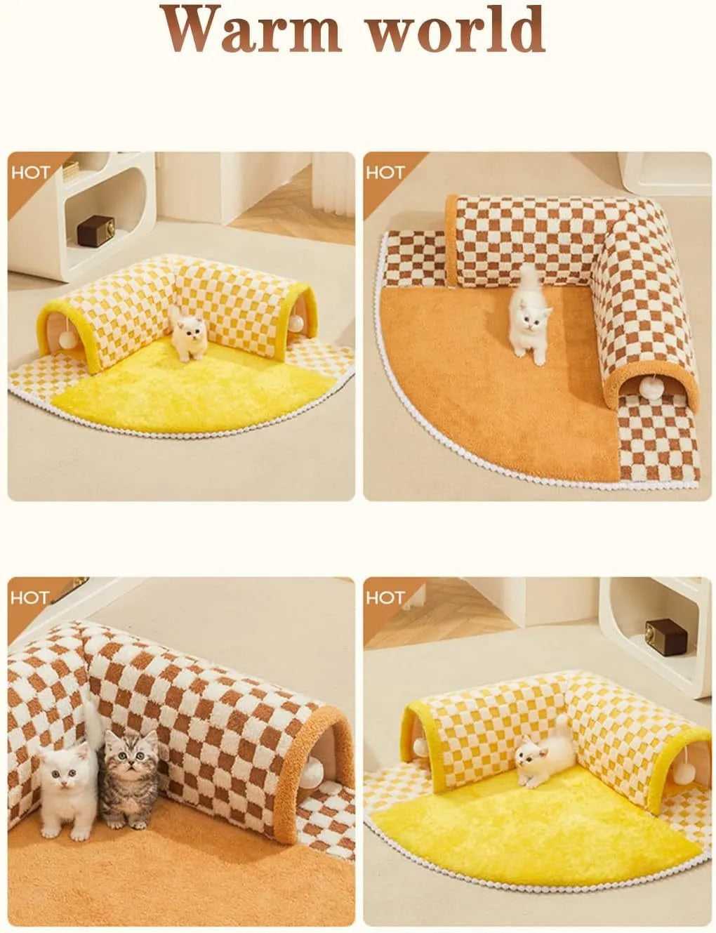 Plush plaid cat tunnel bed with central sleeping mat and non-slip bottom for indoor cats
