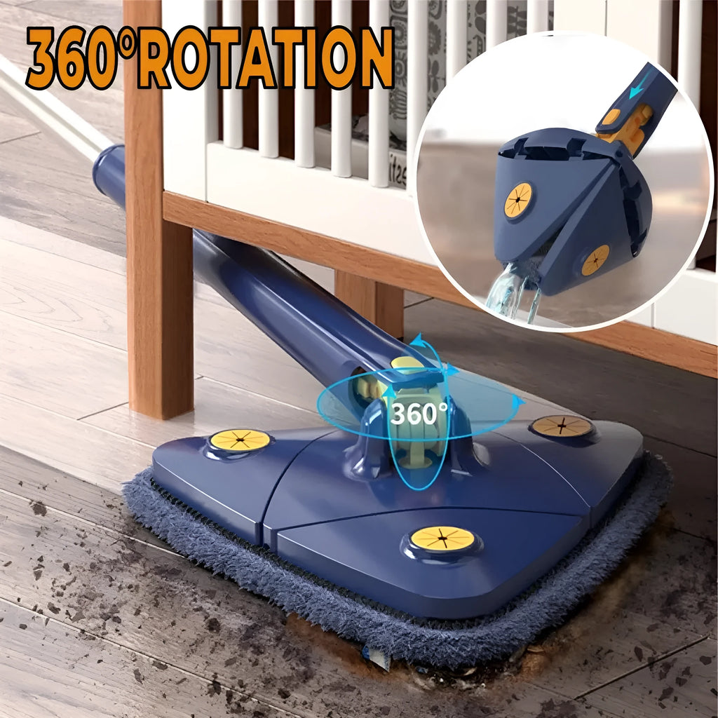 Blue extendable triangle cleaning mop with 360° rotating head and stainless steel pole
