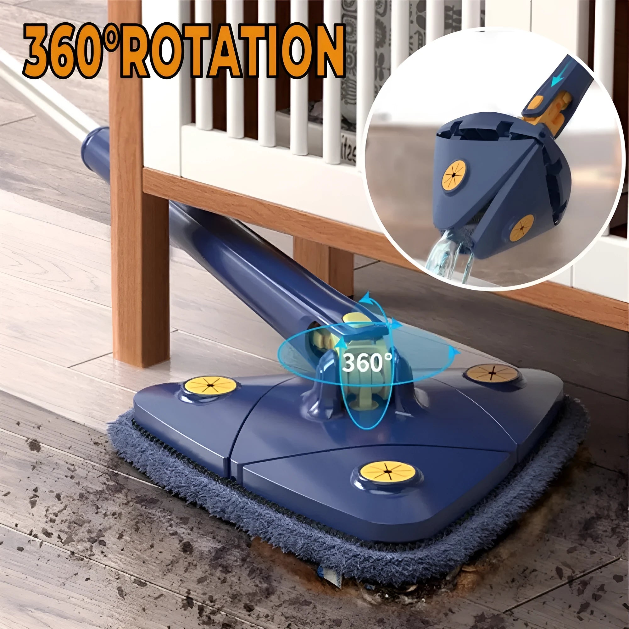 Blue extendable triangle cleaning mop with 360° rotating head and stainless steel pole