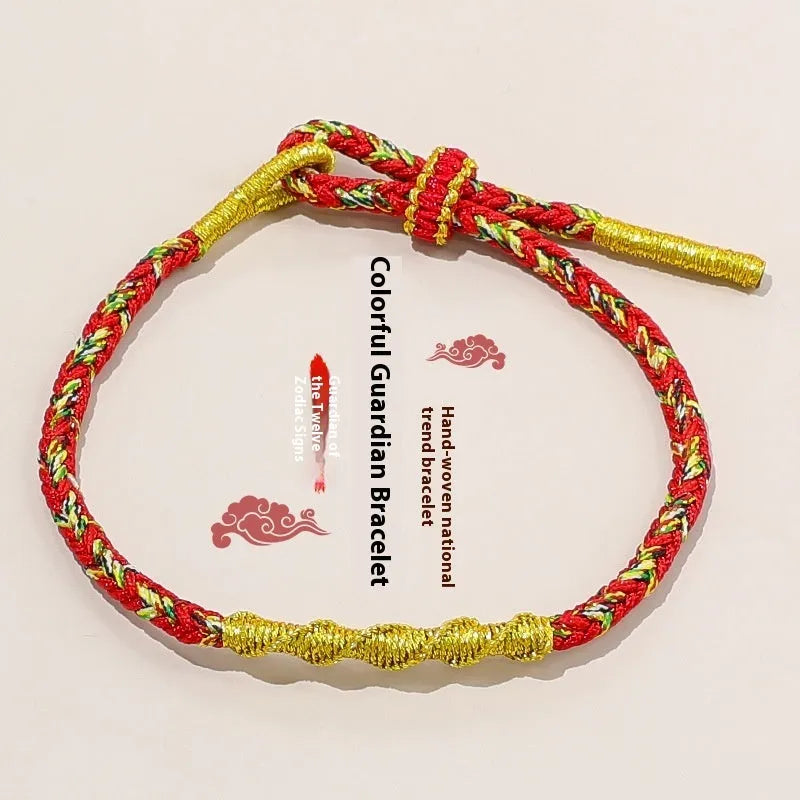 Adjustable eight-strand woven hand strap in multiple zodiac-inspired colours, showing the sliding length adjuster.