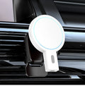 Black magnetic wireless phone charger with foldable stand in both flat and angled positions